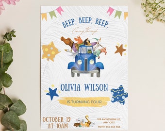 Editable Little Blue Truck Birthday Invitation, Printable Farm birthday Invite, Digital Barnyard Animals Bday Party Invitation Template