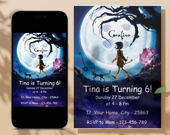 Editable Coraline Invitation Canva, Coraline Birthday Invitation Card, Coraline Birthday Party, Coraline Birthday Card Invite