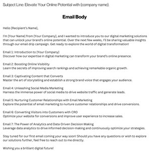 May include: Email with the subject line "Elevate Your Online Potential with [company name]" offering a mini course on digital marketing. The email includes a welcome message, a list of seven email lessons, and a call to action to contact the sender.