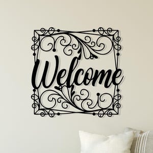 Welcome Metal Wall Sign for Entryway Decor, Ornate Black Metal Welcome Sign for Front Door or Porch Home Wall Decoration