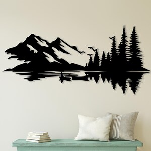 Decorazione da parete in metallo con canoa sul lago di montagna, paesaggio naturale, scena di foresta, decorazione da parete per la casa, soggiorno, ufficio, regalo.