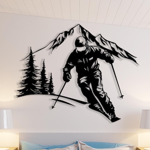 Metal Skier Wall Art Silioute with Mountain Scene, Skier Silhouette Metal Wall Decor, Winter Sports Wall Hanging Gift for Snow Lovers