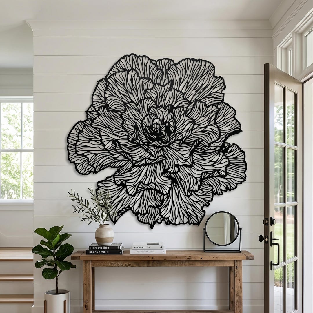 Large Peony Metal Wall Art, Matte Black Steel Floral Sculpture for ...