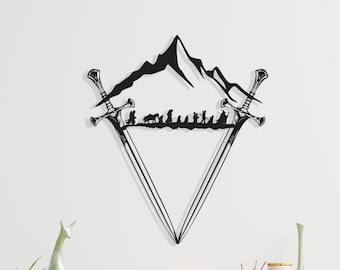 Fantasy Sword Metal Wall Art, Mountain Scene, Heroic Silhouette, Unique Birthday Gift