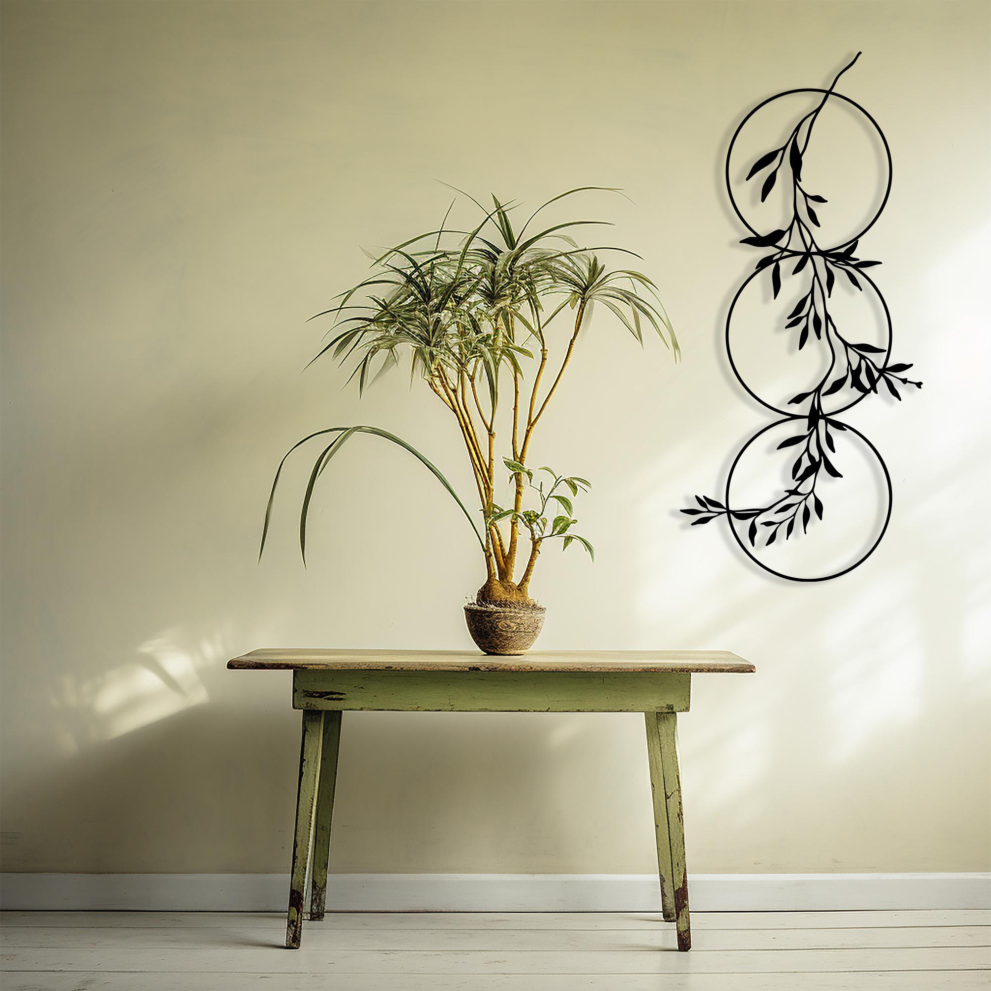 Vertical Metal Wall Art | Botanical Olive Branch | 3 Circle Vine