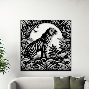 Tiger and Jungle Square Black Metal Wall Art: Jungle Home Decor For Living Room