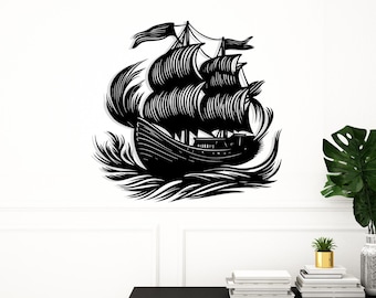Arte de parede em metal com navio pirata, decoração náutica costeira.