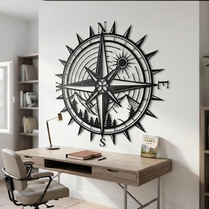 Compass Metal Wall Art, Mountain Forest Nature Decor, Adventure Traveler Gift, Large Compass Rose
