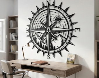 Compass Metal Wall Art, Mountain Forest Nature Decor, Adventure Traveler Gift, Large Compass Rose