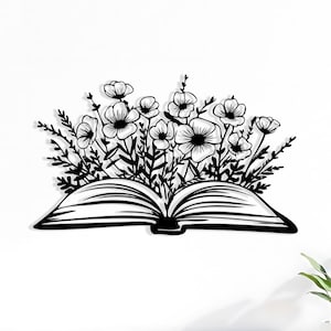 Book and Flowers Metal Wall Art: Botanical Home Decor