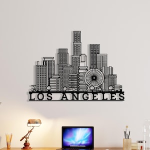 Los Angeles Skyline Metallwandkunst, minimalistische Stadtbild Metallwandkunst für Büro, Wohnzimmer LA Wohnkultur, Einweihungsgeschenk