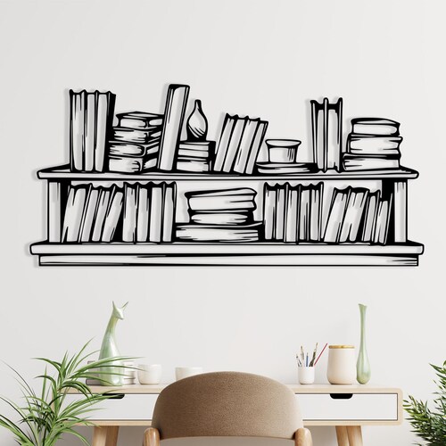 Bookshelf Metal Wall Art, Book Lover Gift, Laser-Cut Steel Sculpture