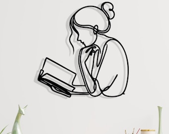 Minimalist Woman Reading Metal Wall Art, Book Lover Gift, Library Decor, Female Silhouette Art