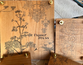 Heirloom Flower Press | Engraved Solid Wood & Brass Hardware | Various Art Nouveau Designs | For Herbs, Flowers, Plants | Personalized Gift