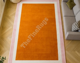 Minimalist Hand Tufted Rug, Orange and Pink Border 100% Wool  Carpet, Area Rug for Living Room, Bedroom, Luxury Home Decor