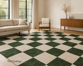 12x15 Green and Beige Checkered Wool Rug | Modern Chess Pattern Carpet | Hand-Tufted Geometric Area Rug | Contemporary Living Room Decor