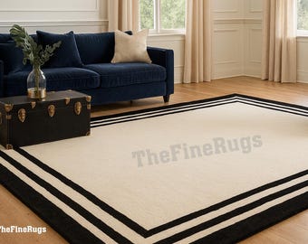 Alfombra de lana con marco color marfil y negro / Alfombra moderna minimalista con borde decorativo / Alfombra de lujo hecha a mano para sala de estar y dormitorio / Tamaños personalizables