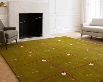 Hand Tufted Olive Green Wool Rug: Modern Grid Pattern Carpet, Modern Minimalist 100% Wool Area Rug for Living Room, Bedroom & Home Décor"