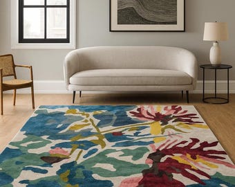 Floral Wool Rug | Hand Tufted Floral Area Carpet | Multicolour Floral Rug| Contemporary Living Room Floor Décor