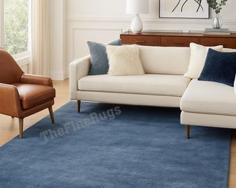 Blue Hand Tufted Wool Area Rug | Modern Solid Custom Rug for Living Room, Bedroom & Home Decor | Luxury 100% Wool Carpet