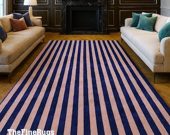 Gestreept wollen vloerkleed | Modern blauw en roze handgetuft tapijt | Eigentijds vloerkleed woonkamer | Handgemaakt luxe wollen vloerdecor