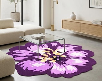 Purple Flower Rug, Floral Shaped Carpet, Botanical Bloom Area Rug, Hand Tufted 100% Wool Statement Living Room Decor