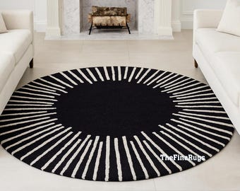 Modern Black and White Round Wool Rug – Hand-Tufted Sunburst Design Carpet | Minimalist Circle Area Rug for Living Room
