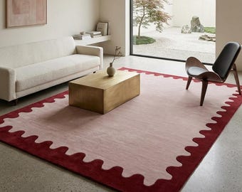 Blush Pink and Maroon Border Hand Tufted Rug, Modern Wavy Design Bordered Area Rug, 100% Premium Wool Carpet for Living Room, Bedroom Decor