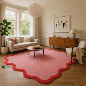Pink Wavy Edge Rug | Hand Tufted Wool Carpet with Red Border 100% Fine Wool |  Irregular Shaped Area Rug for Living Room, Bedroom And Hall