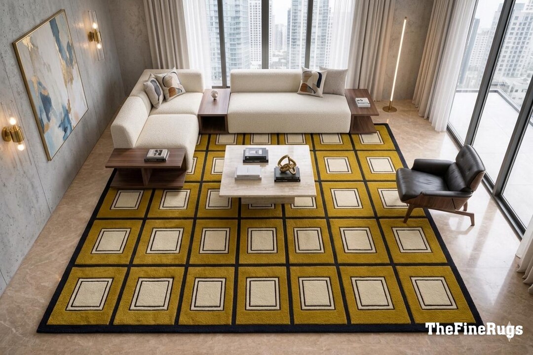 Mustard Yellow Geometric Wool Rug, Hand Tufted Checkered Area Rug ...