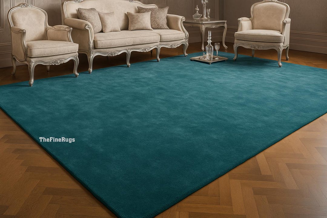 Teal Blue Hand Tufted Wool Rug, Modern Solid Carpet, Handmade ...