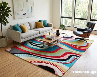 Hand Tufted Abstract Colorful Wool Rug | Modern Artistic Area Carpet for Living Room, Bedroom, Kids Room | Multicolor Contemporary Design
