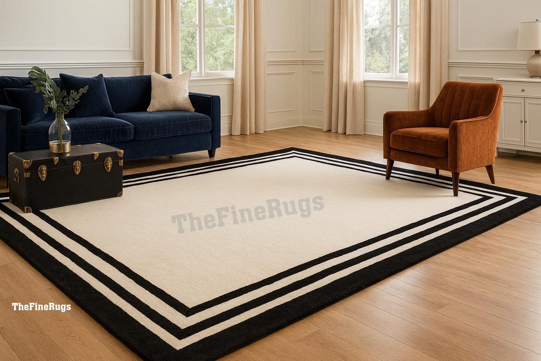 Ivory & Black Frame Wool Rug | Modern Minimal Border Carpet | Handmade ...
