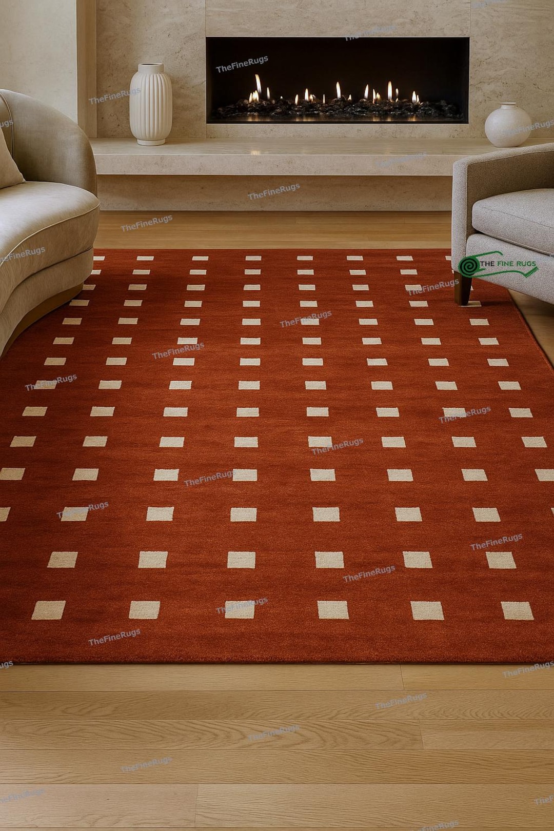 All Modern Rust Rug Rust Red Area Rug, Modern Hand-tufted Wool Rug | With Geometric Squares ...