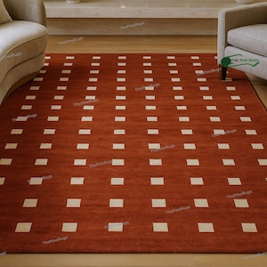 Rust Red Area Rug, Modern Hand-Tufted Wool Rug |  with Geometric Squares | Minimalist Living Room Carpet | Mid-Century Modern Decor