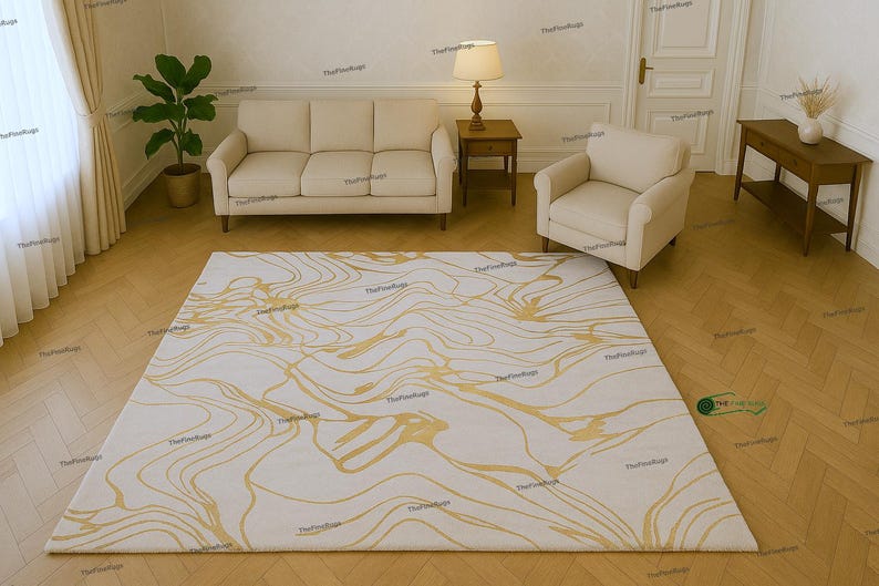 Ivory Wool Rug With Gold Viscose Marble Motif | Hand Tufted Modern Area ...
