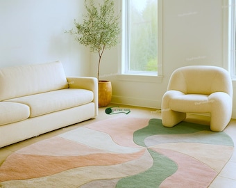 Alfombra ovalada de lana ondulada: moderna alfombra tejida a mano en verde, rosa, crema y beige. Ideal para sala de estar, dormitorio o comedor.