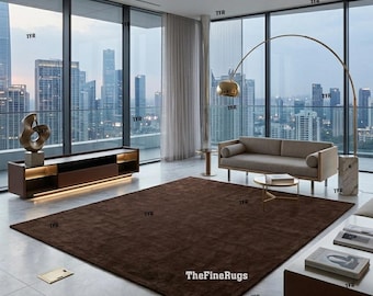 Solid Brown Wool Rug, Hand Tufted Minimalist Area Rug, Dark Chocolate Modern Carpet, 100% Wool Living Room Rug, Luxury Plain Designer Rug