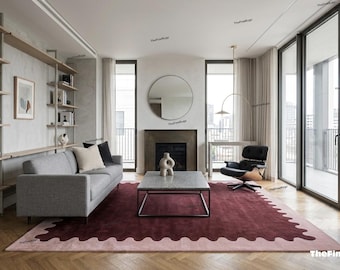 Deep Maroon and Blush Pink Hand Tufted Wool Rug, Modern Wavy Border Design Carpet, 100% Fine Wool Handmade Area Rug for Living Room