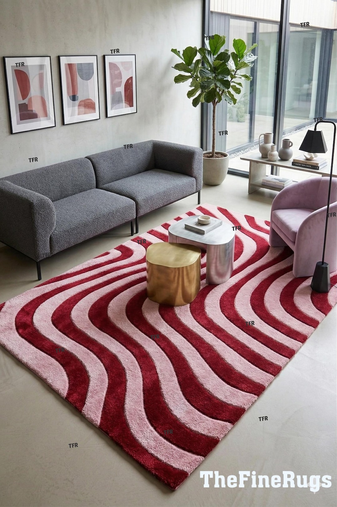 Red Wavy Abstract Rug, Hand Tufted 100% Wool Modern Area Rug, Pink Red ...