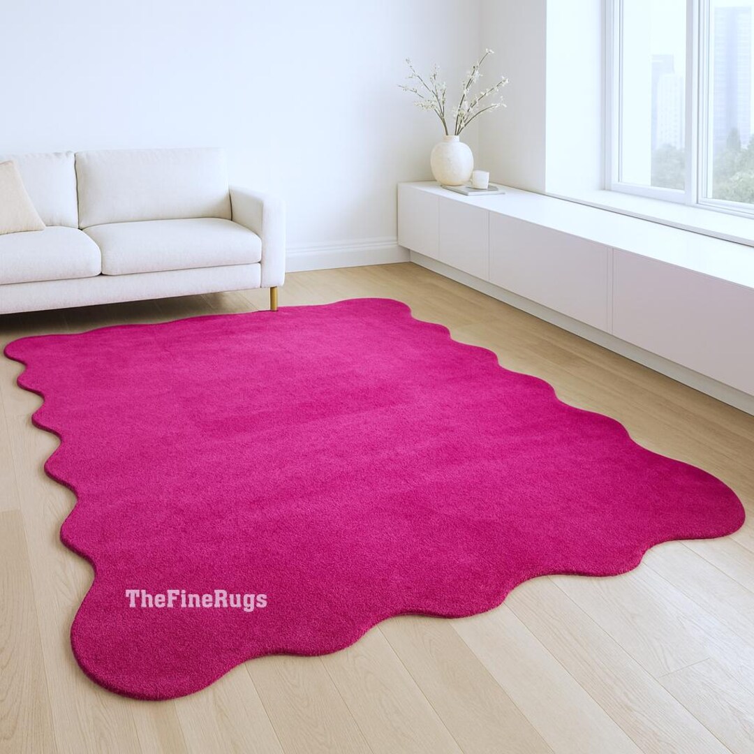 Hot Pink Wavy Edge Hand Tufted Wool Rug, Modern Scalloped Edge Carpet ...