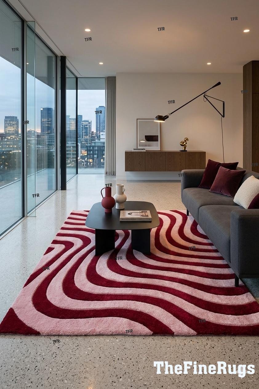 Red Wavy Abstract Rug, Hand Tufted 100% Wool Modern Area Rug, Pink ...