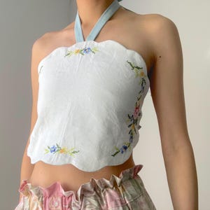 Summer top to tie, Summer top, vintage, recycled placemat, embroidery, upcycling, zero waste