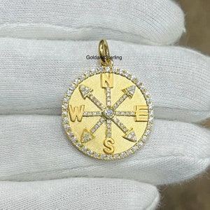 14k Solid Gold Compass Diamond Charm Necklace, Yellow Gold Disc Compass Charm Pendant, Compass Disc Diamond Charm, Handmade Pendant Jewelry