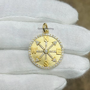 925 Silver Gold Compass Diamond Charm Necklace, Yellow Gold Disc Compass Charm Pendant, Compass Disc Diamond Charm, Handmade Pendant Jewelry