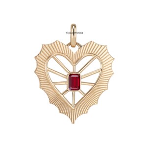 925 Silver & 14k Gold Starburst Heart Ruby Charm Pendant, 14k Gold Beautiful Starburst Heart Ruby Charm, Designer Starburst Heart Necklace