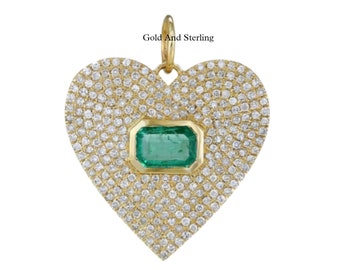 925 Silver & 14k Solid Gold Heart Emerald Diamond Charm Pendant, 925 silver Diamond Heart Charm Pendant, Beautiful Heart Emerald Diamond.