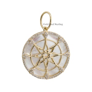 Silver & 14K Solid Gold Sunburst Star Diamond Mother Of Pearl Crescent and Star Pendant, Beautiful Diamonds Pendant, 925 star charm pendants