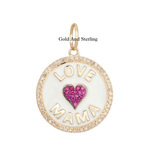 925 Silver & 14k Solid Gold beautiful Disc LOVE Ruby Diamond Enamel Charm Pendant, 925 silver Mother&#39;s Day Necklace, Love Mama Necklace.