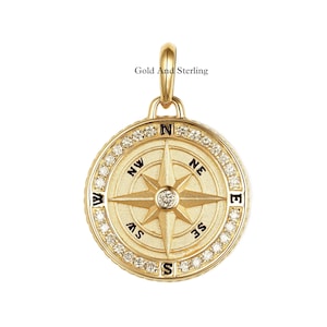 925 Silver & 14k Solid Gold Compass Pendant Necklace, Silver Diamond Compass and Travel Pendant, Celestial Jewelry, Diamond Compass jewelry.